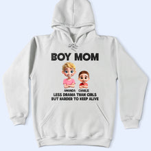 Load image into Gallery viewer, Boy Mom: Less Drama Than Girls But Harder To Keep Alive - Personalized T-Shirt T-shirt PopCulturePrints
