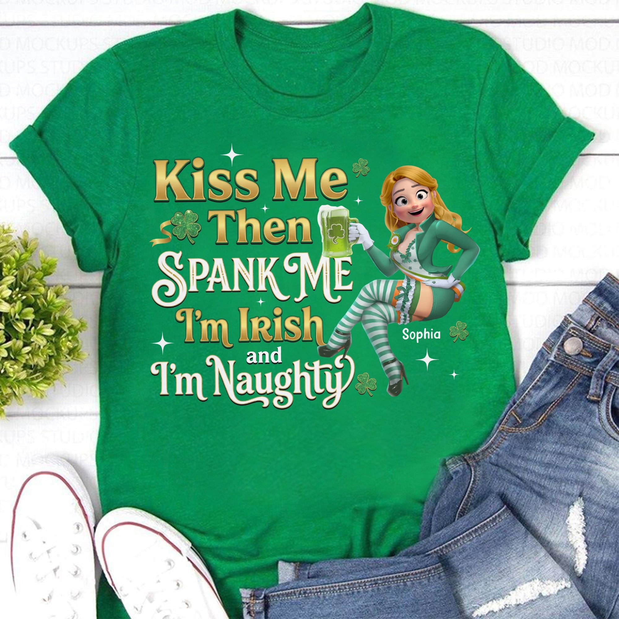 Kiss Me Then Spank Me – Personalized St. Patrick’s Day Drinking Shirt for Women Shirts PopCulturePrints