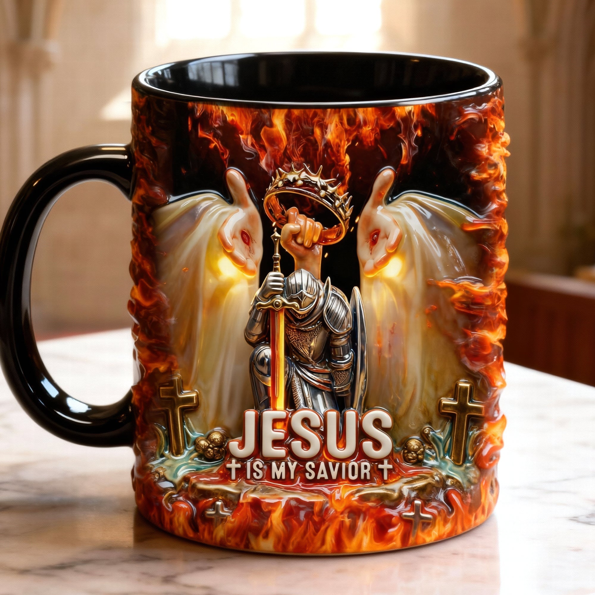 Kneel Templar Knight Warrior & Jesus Savior Accent Mug - Personalized Gifts for Christians