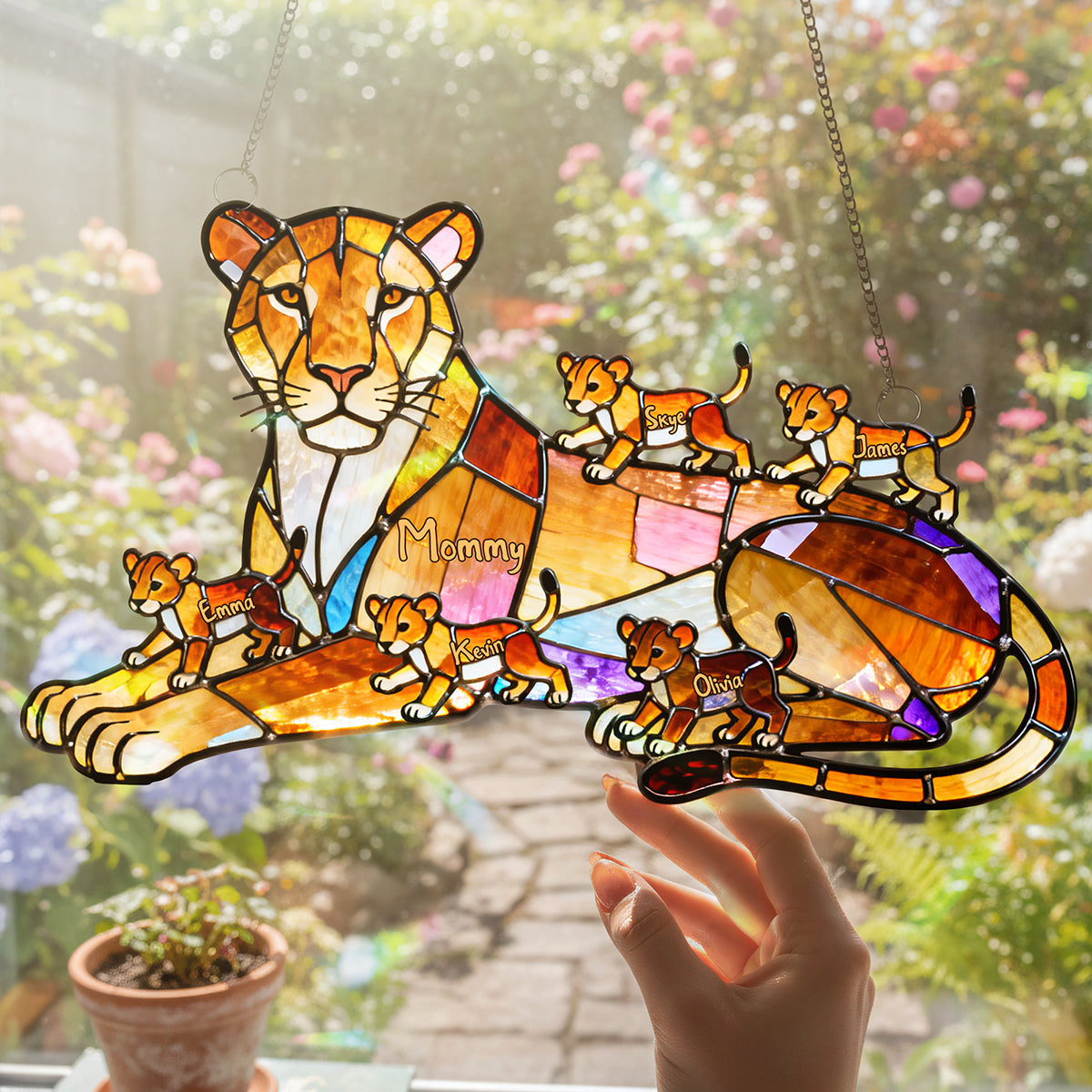 "A Mother's Love Roars!" - Lion Mom And Kids Suncatcher - Personalized Gift for Mom and Grandma Ornament PopCulturePrints