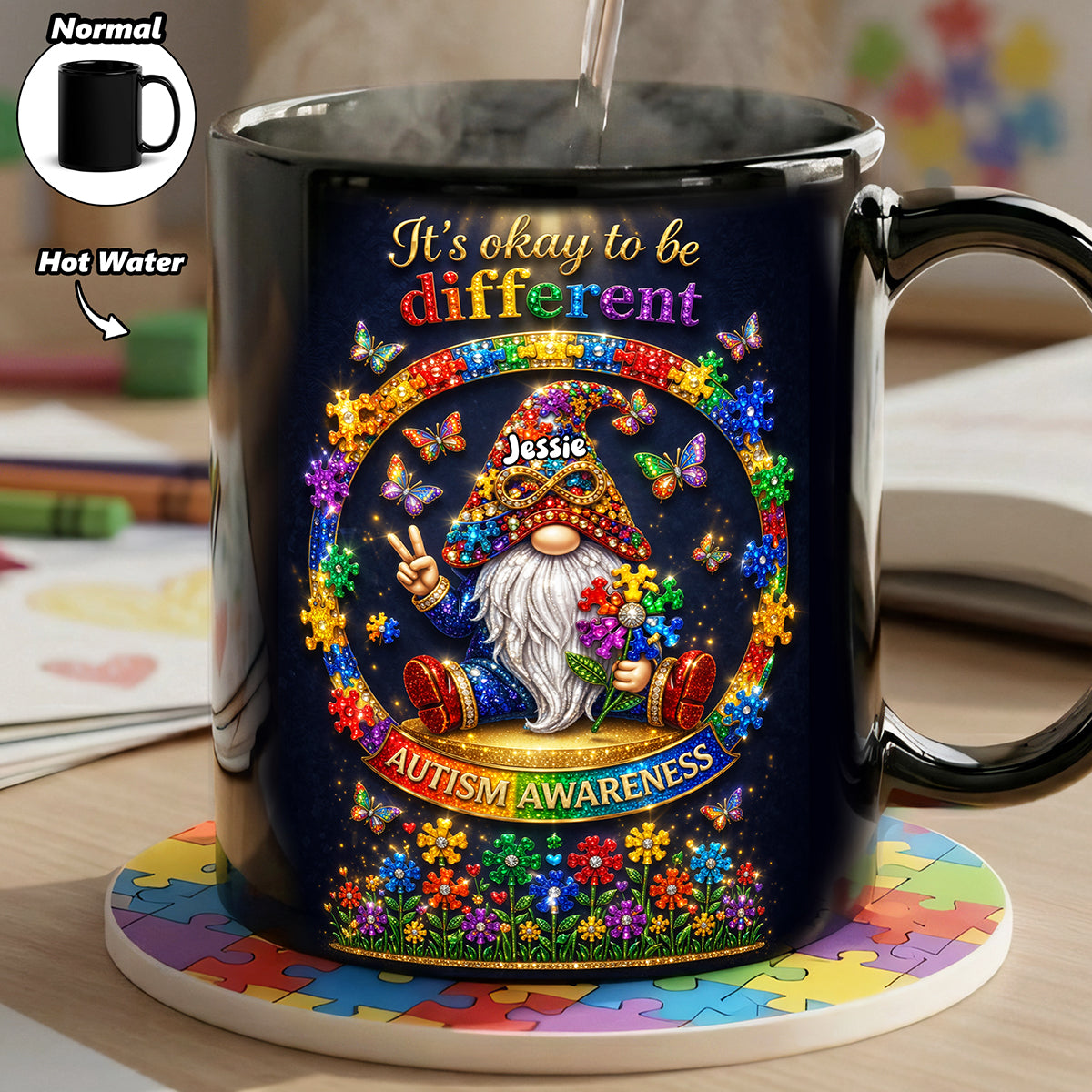 “It's okay to be different” - Gnome Puzzle Magic Coffee Mug - Personalized Gift for Autistic Individuals Coffee Mug PopCulturePrints