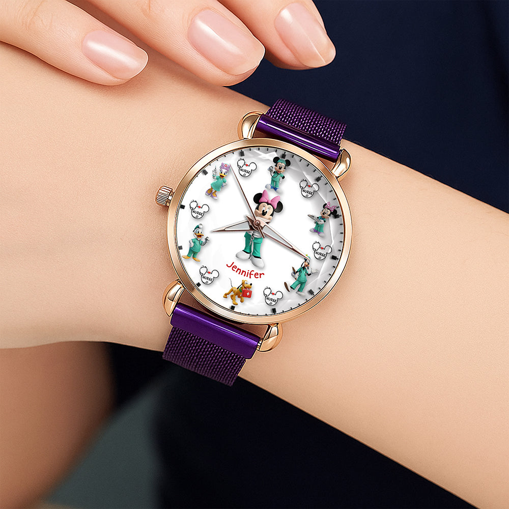 Nurse in Style: Personalized Cartoon Character Mesh Strap Quartz Watch - Custom Gift for Nurses, Healthcare Workers, and Loved Ones Quartz Watch PopCulturePrints
