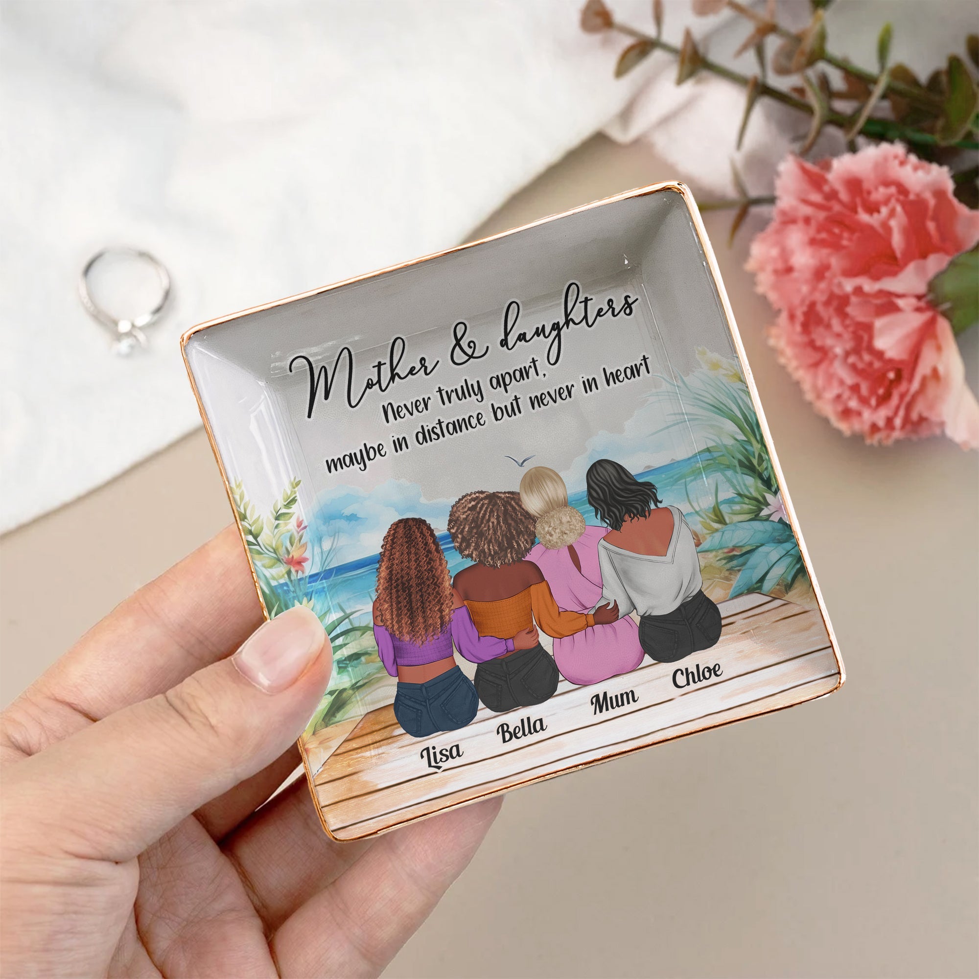 Mother & Daughters: Never Truly Apart - Personalized Jewelry Dish - Meaningful Gift for Mom, Grandma & Daughters Square Jewelry Dish_FULL PopCulturePrints