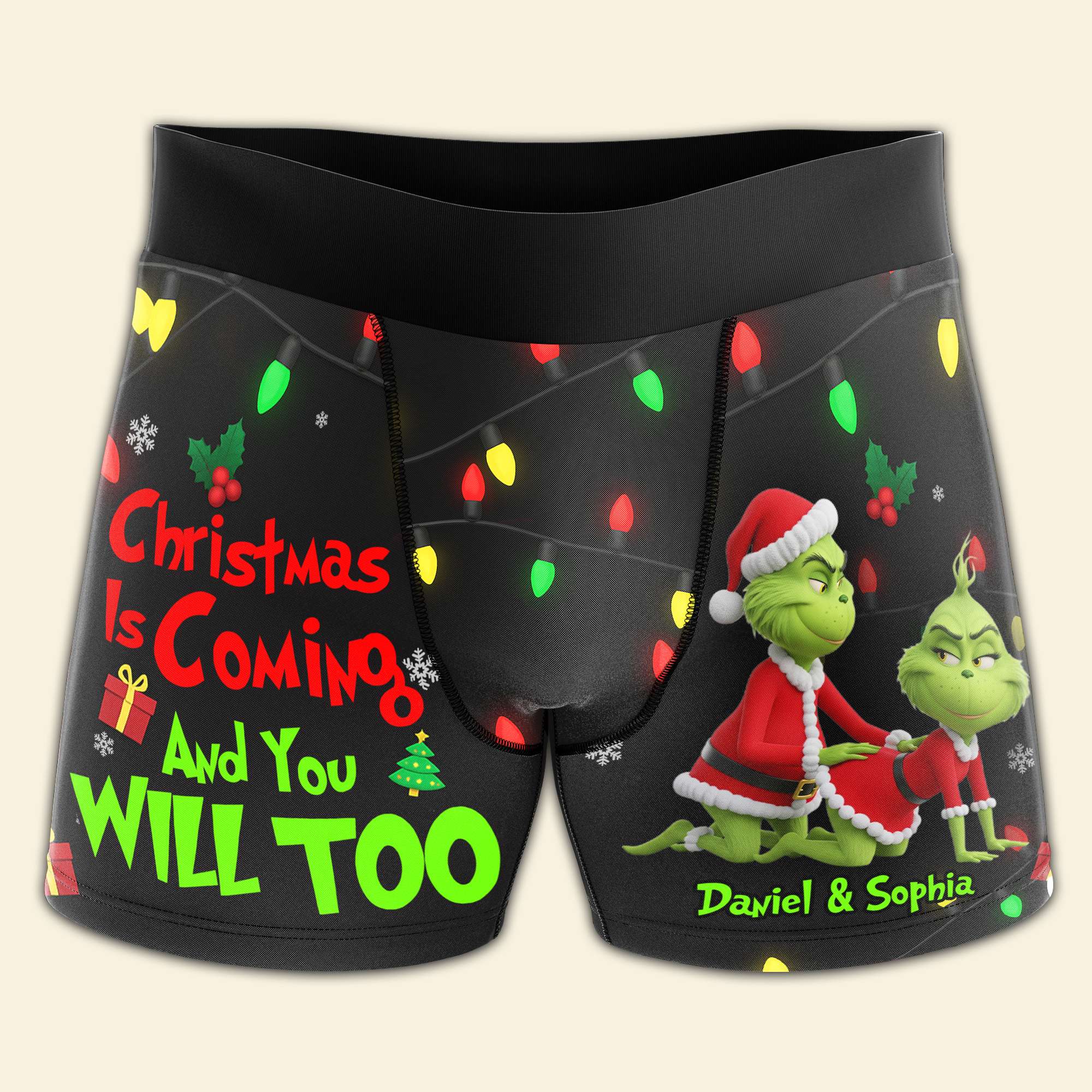 “Christmas Is Coming and You Will Too” - Personalized Grinch Couples Boxers - Gift for Him & Her Boxer Briefs PopCulturePrints