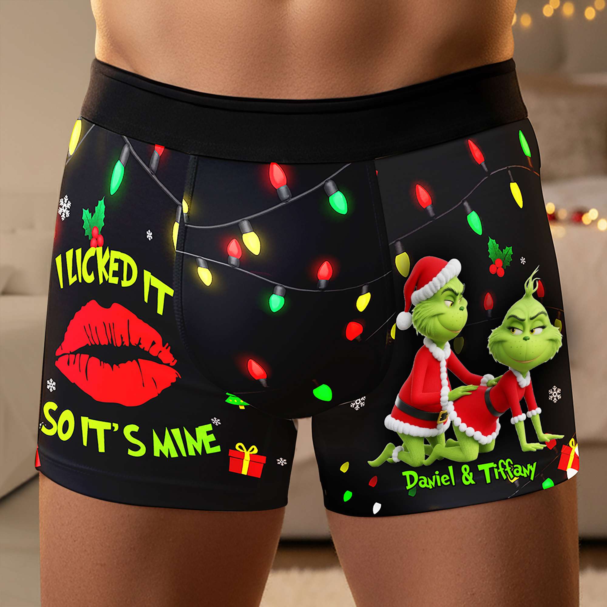 Christmas Cheer with a Grinchy Twist - Playful Green Couple Boxers | Personalized Gift for Him Boxer Briefs PopCulturePrints