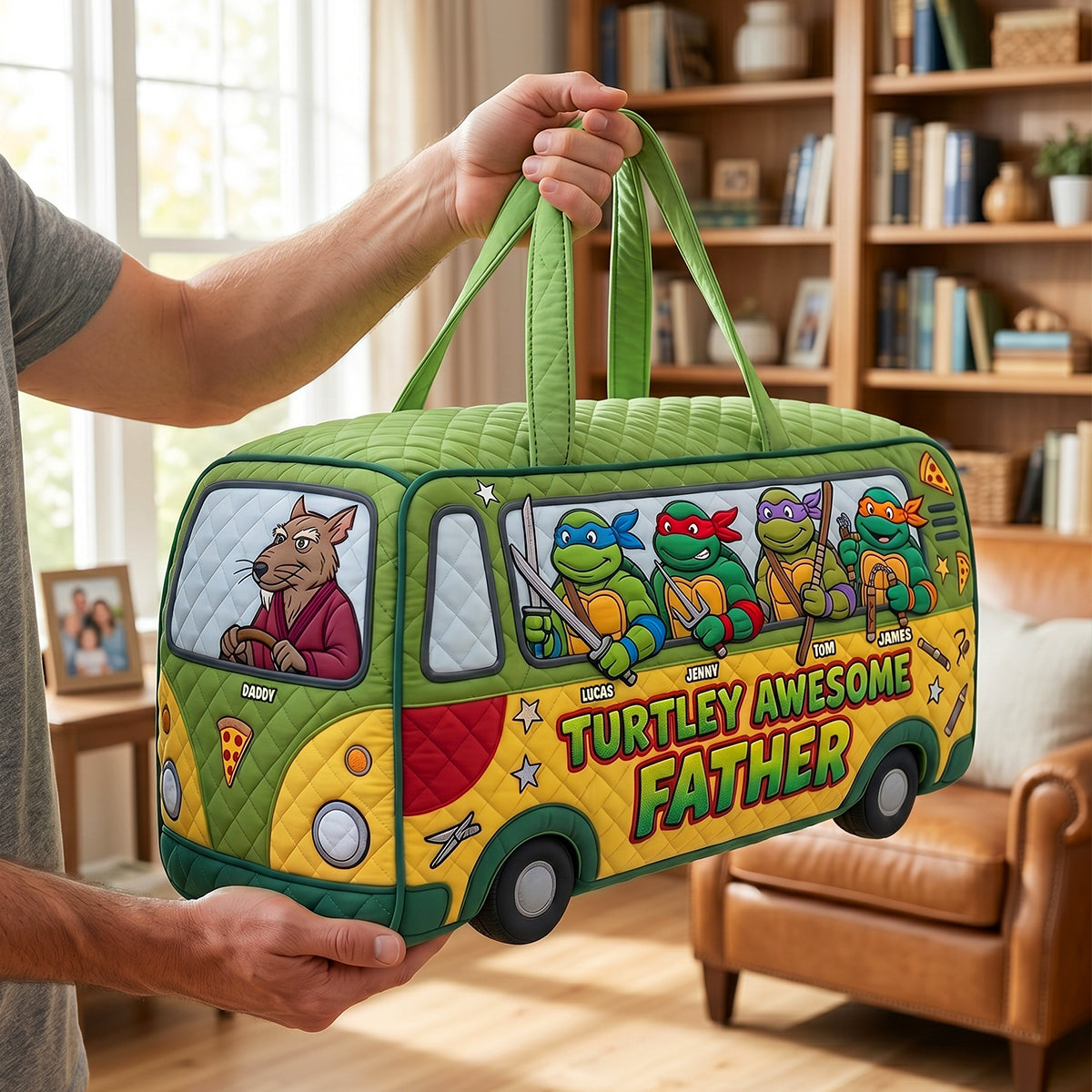 Turtley Awesome Father: Personalized Duffle Bag for Dads Quilted Duffle Bag PopCulturePrints