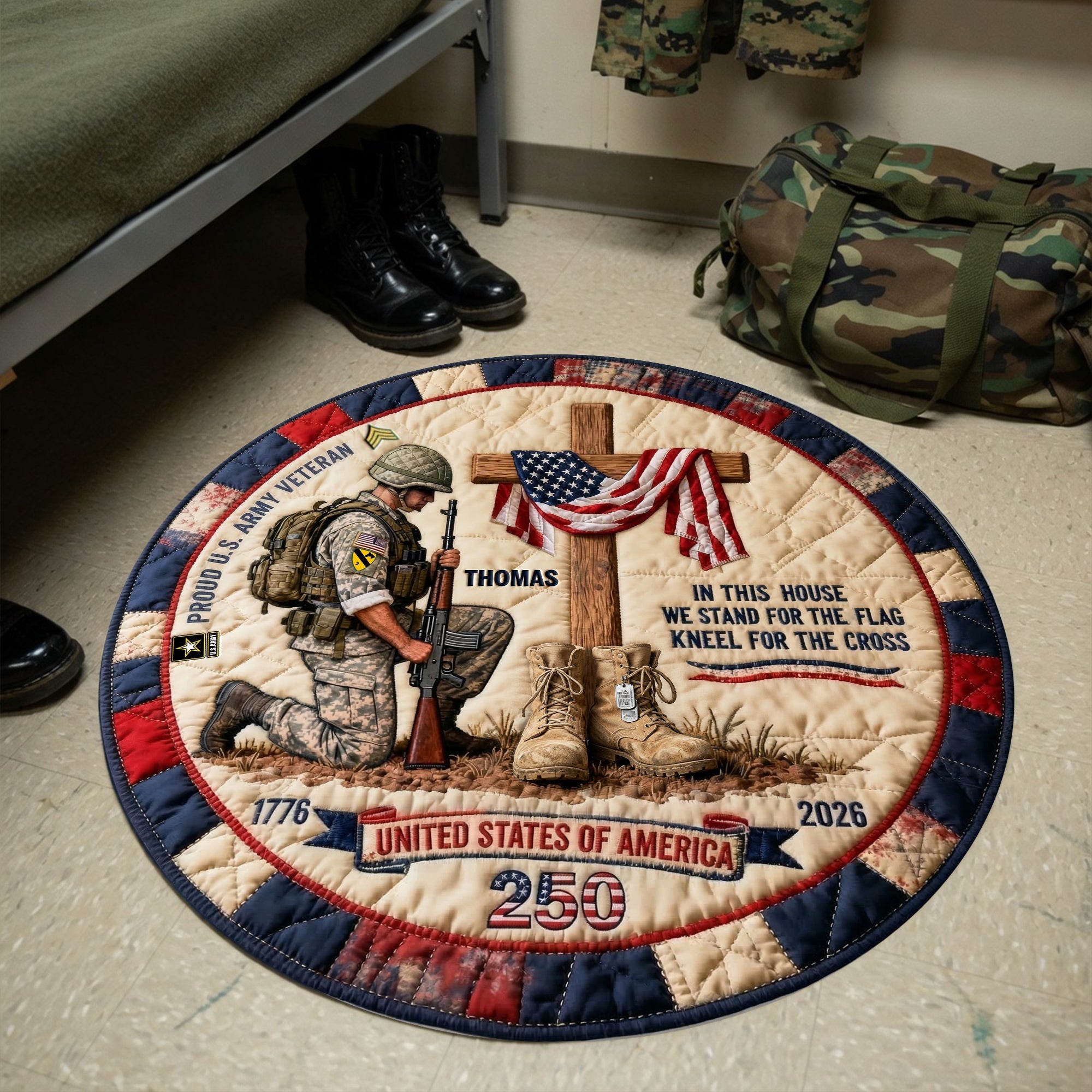In This House We Stand for the Flag - Proud Military House Quilted Round Rug - Personalized Gift for Veterans Doormat PopCulturePrints