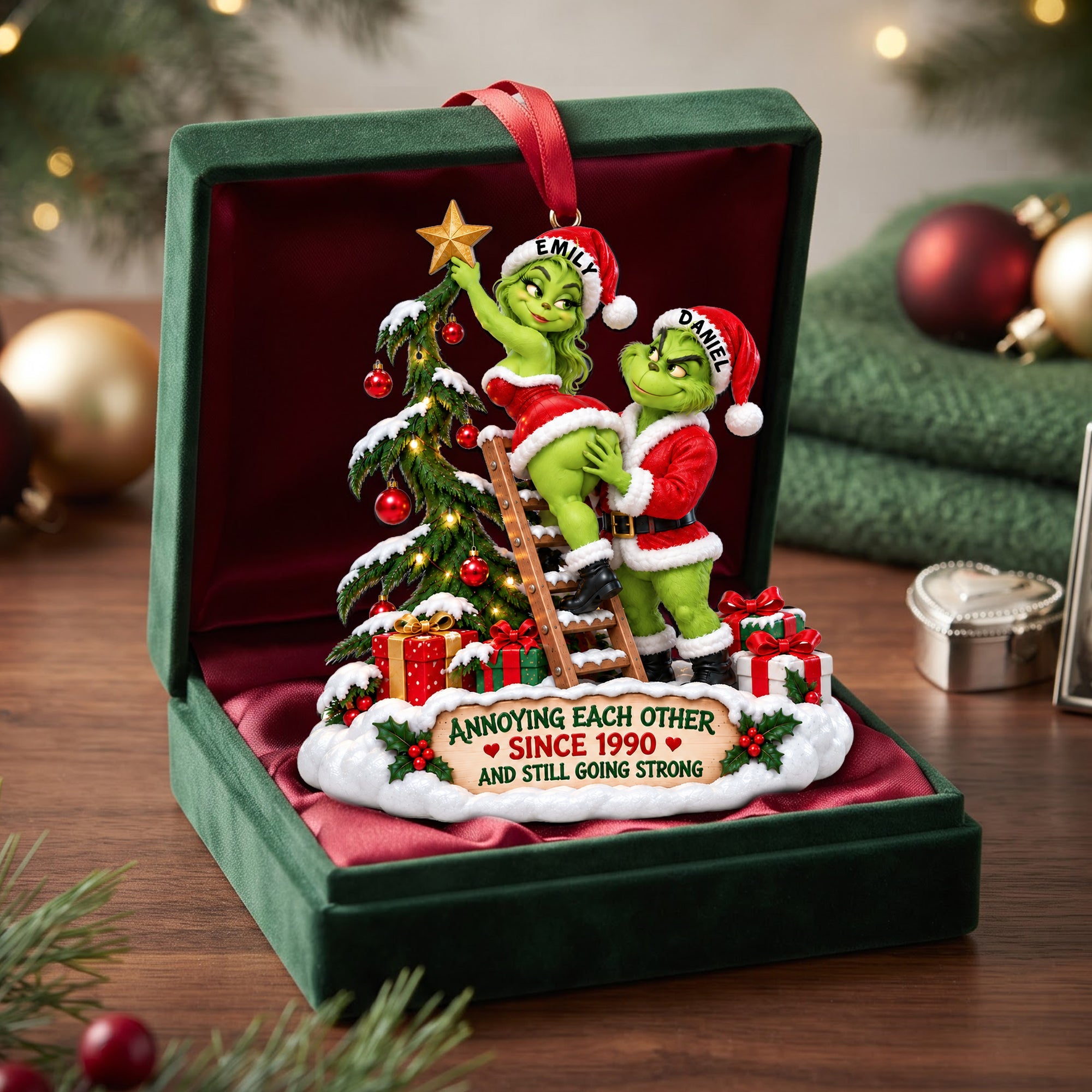 "Annoying Each Other Since 1990" - Customizable Furry Naughty Santa Couple Ornament - Perfect Personalized Gift for Couples, Friends, and Family!
