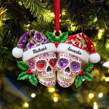 Load image into Gallery viewer, Celebrate Love &amp; Life - Personalized Dia de Los Muertos Christmas Skull Couple Acrylic Ornament Ornament PopCulturePrints
