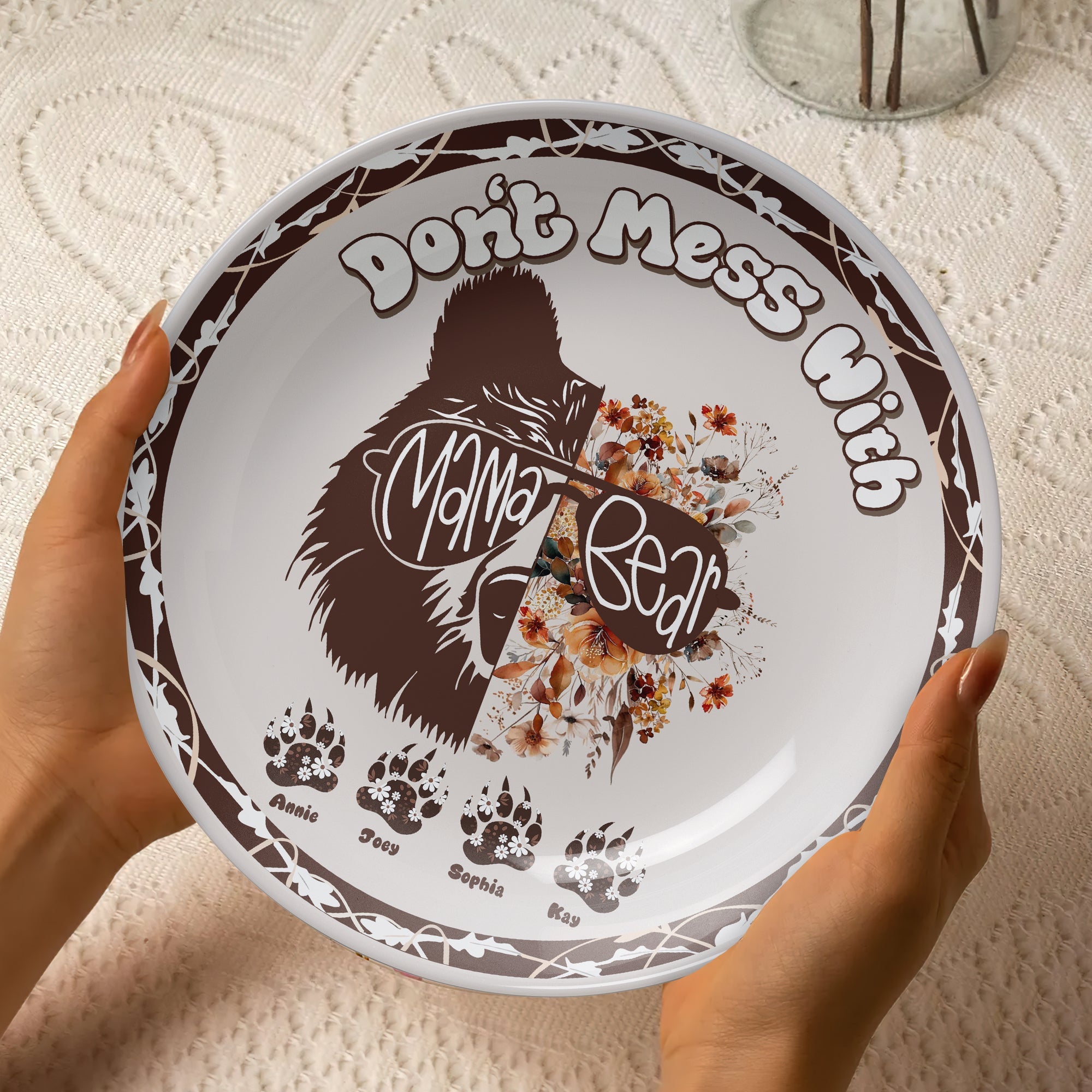 "Don't Mess With Mama Bear" - Personalized Ceramic Round Plate - Gift for Mom, Grandma, and More Ceramic Round Plate PopCulturePrints