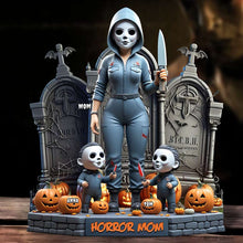 Load image into Gallery viewer, &quot;Slay the Day with Horror Mom!&quot; - Personalized Acrylic Plaque - Unique Gift for Mom and Grandma Shaped Plaques PopCulturePrints
