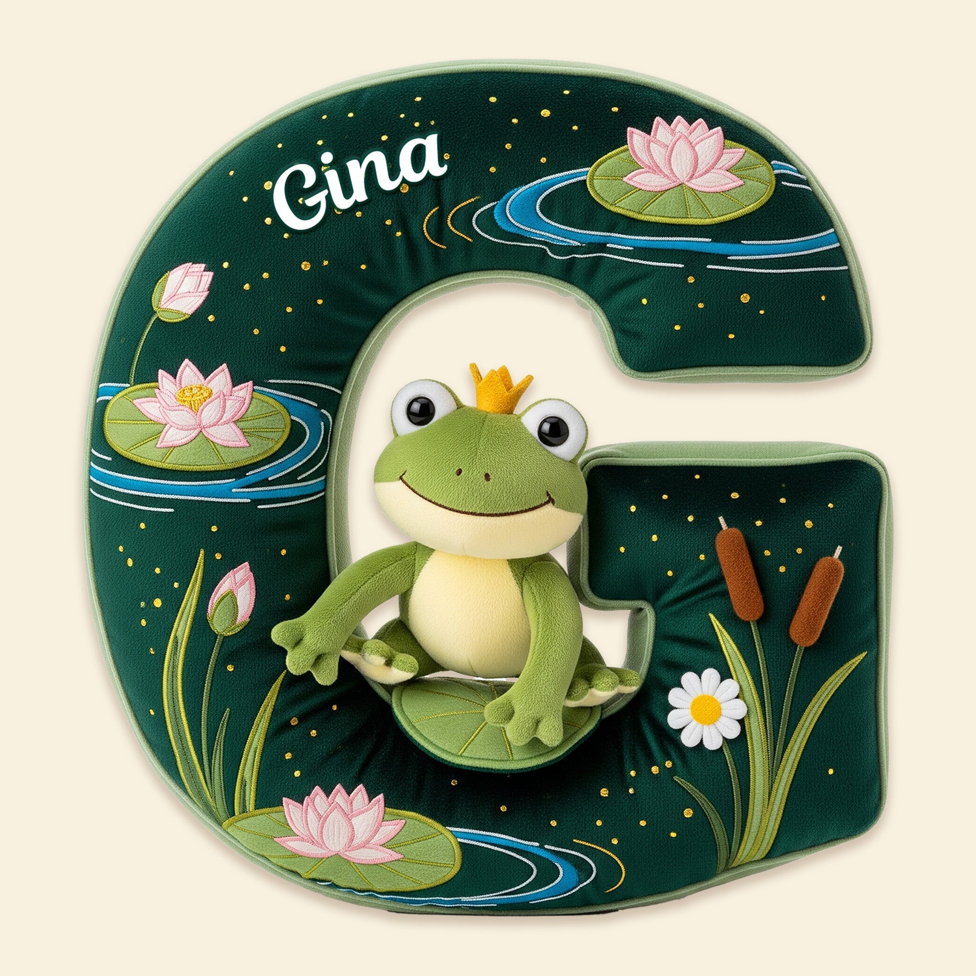 Hoppy Memories Await: Personalized Adorable Frog Initial Pillow - The Perfect Gift for Frog Lovers Pillow PopCulturePrints