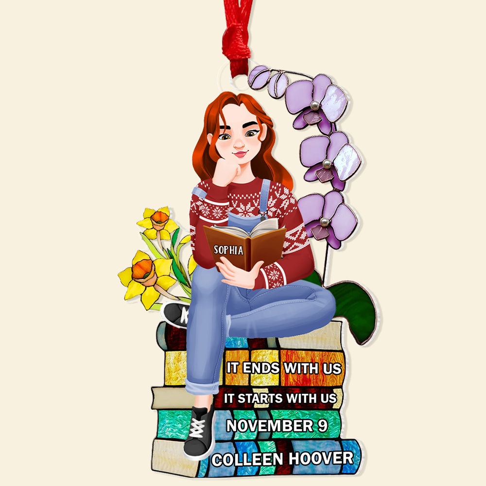 Custom Book Lover Christmas Ornament - Girl Reading on Book Stack Ornament PopCulturePrints