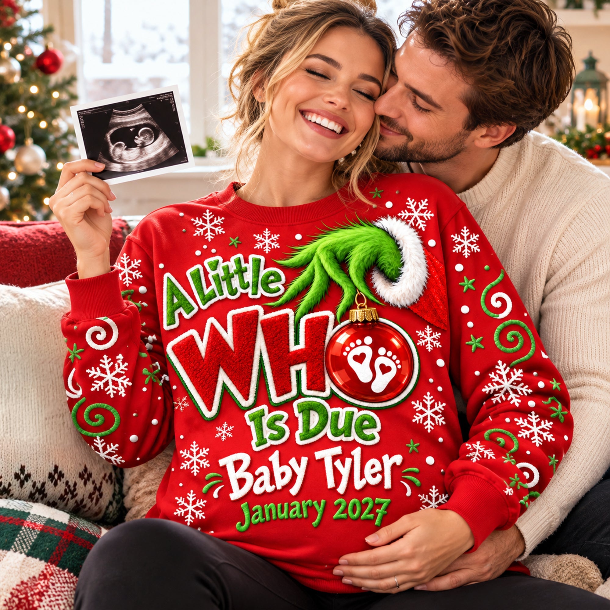 A Little WHO Is Due - Personalized Christmas Sweater for Expecting Moms