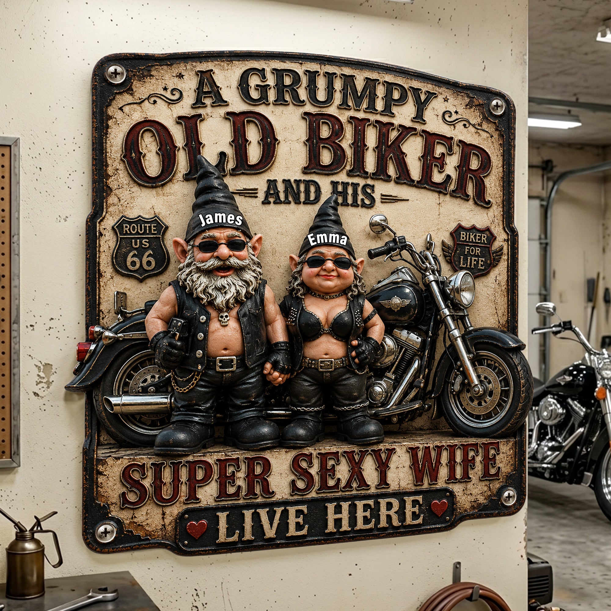"A Grumpy Old Biker and His Super Sexy Wife" - Personalized Biker Couple Gnome Metal Sign - Perfect Gift for Biker Couples