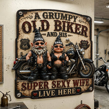Load image into Gallery viewer, "A Grumpy Old Biker and His Super Sexy Wife" - Personalized Biker Couple Gnome Metal Sign - Perfect Gift for Biker Couples
