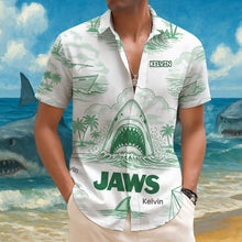 Load image into Gallery viewer, &quot;Unleash Your Inner Shark!&quot; - Personalized Shark Toile De Jouy Style Hawaiian Shirt - Custom Gift for Movie Lovers, Fathers, and Friends Hawaiian Shirts PopCulturePrints
