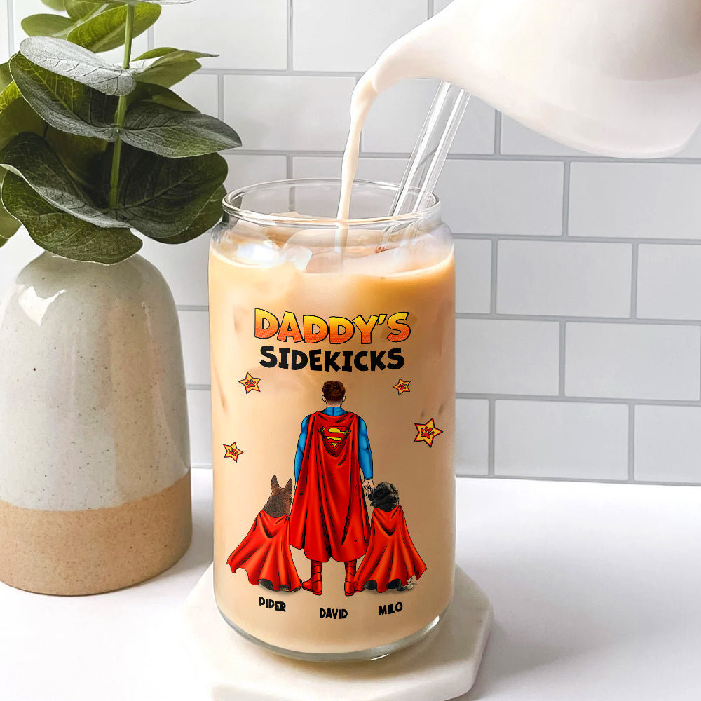 Custom Superhero Dad and Pets Glass Can - Personalized Father's Day Gift Glass Can PopCulturePrints