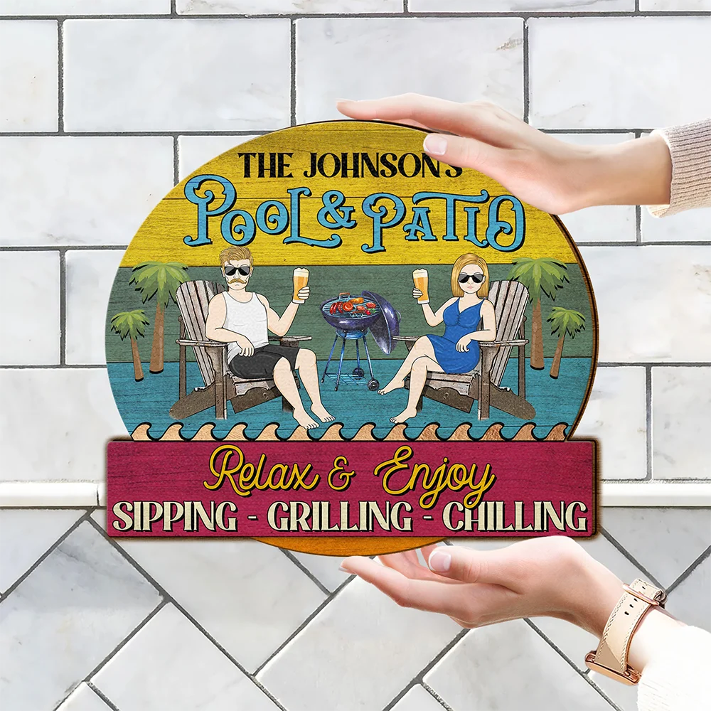 Relax & Enjoy - Custom Shaped Wood Sign for Couples Pool & Patio Lovers Wood Shaped Sign PopCulturePrints