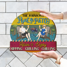 Load image into Gallery viewer, Relax &amp; Enjoy - Custom Shaped Wood Sign for Couples Pool &amp; Patio Lovers Wood Shaped Sign PopCulturePrints

