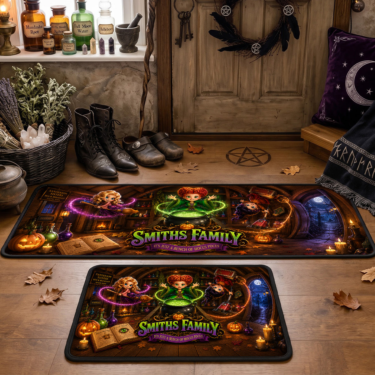 Embrace the Magic with Our Macabre Spell Sisters Runner Rug - A Personalized Gift for Your Family Doormat PopCulturePrints