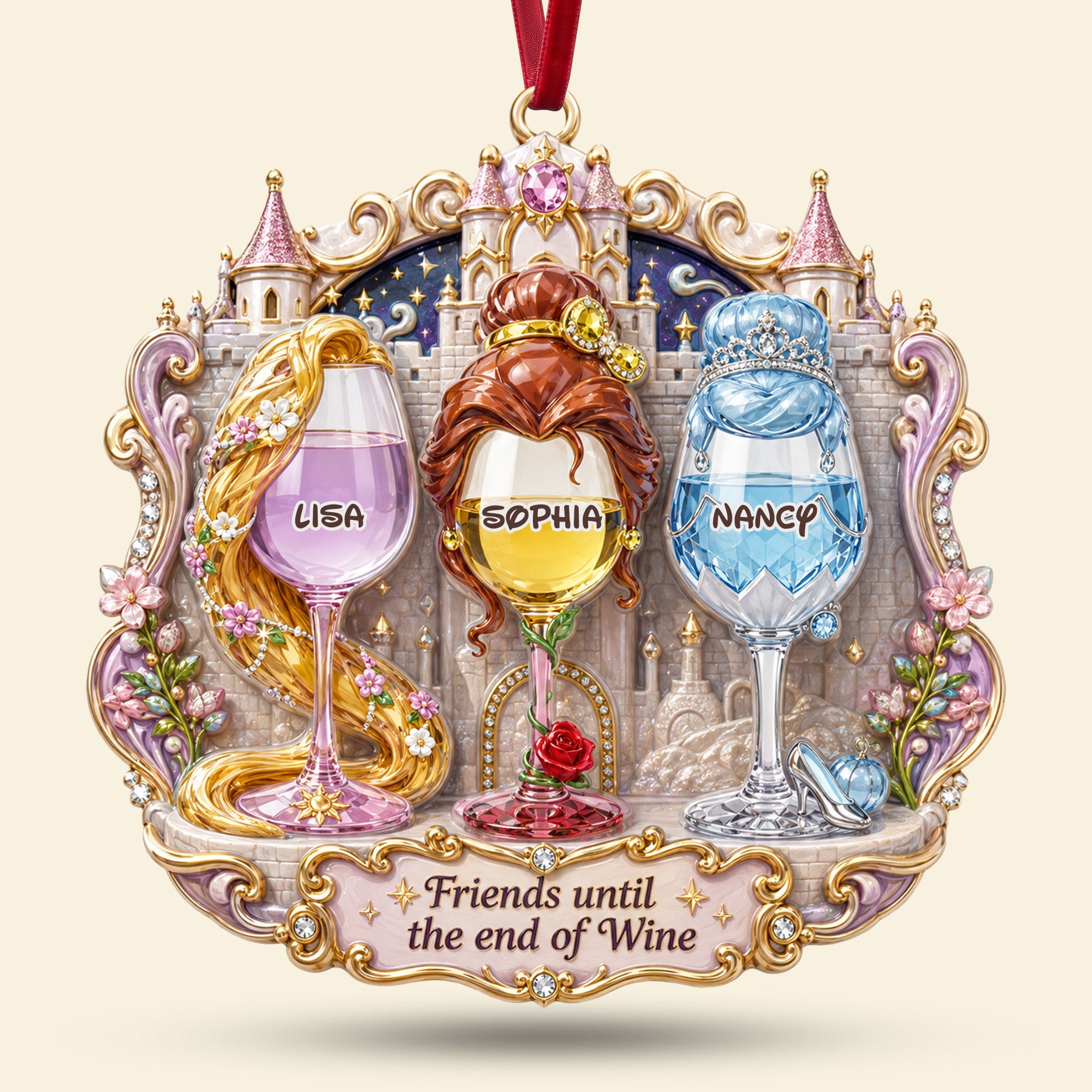 "Friends until the end of Wine" - Personalized Princess Wine Glasses Acrylic Ornament - Unique Gift for Best Friends