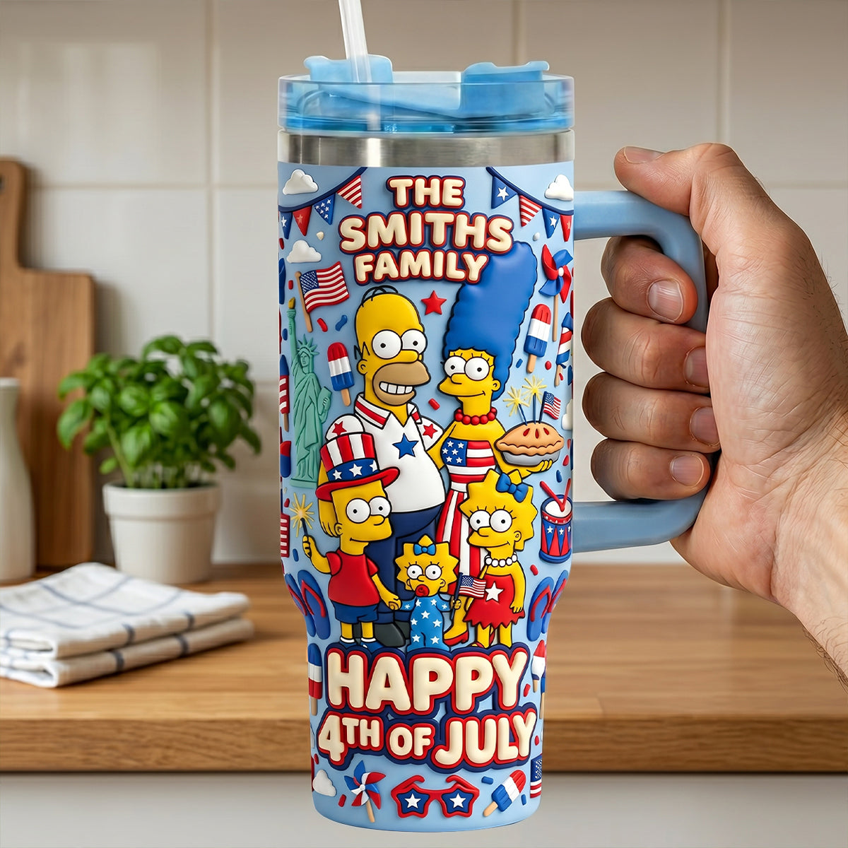 Celebrate Independence with the Smith Family - 40oz Colorful Tumbler with Handle - Personalized Gift for Patriots and Family