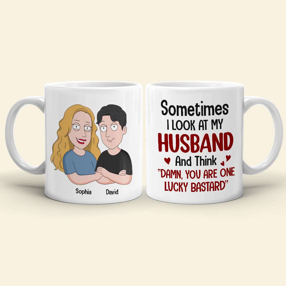 Personalized Cartoon Couple Mug - Lucky Husband Quote Coffee Mug PopCulturePrints