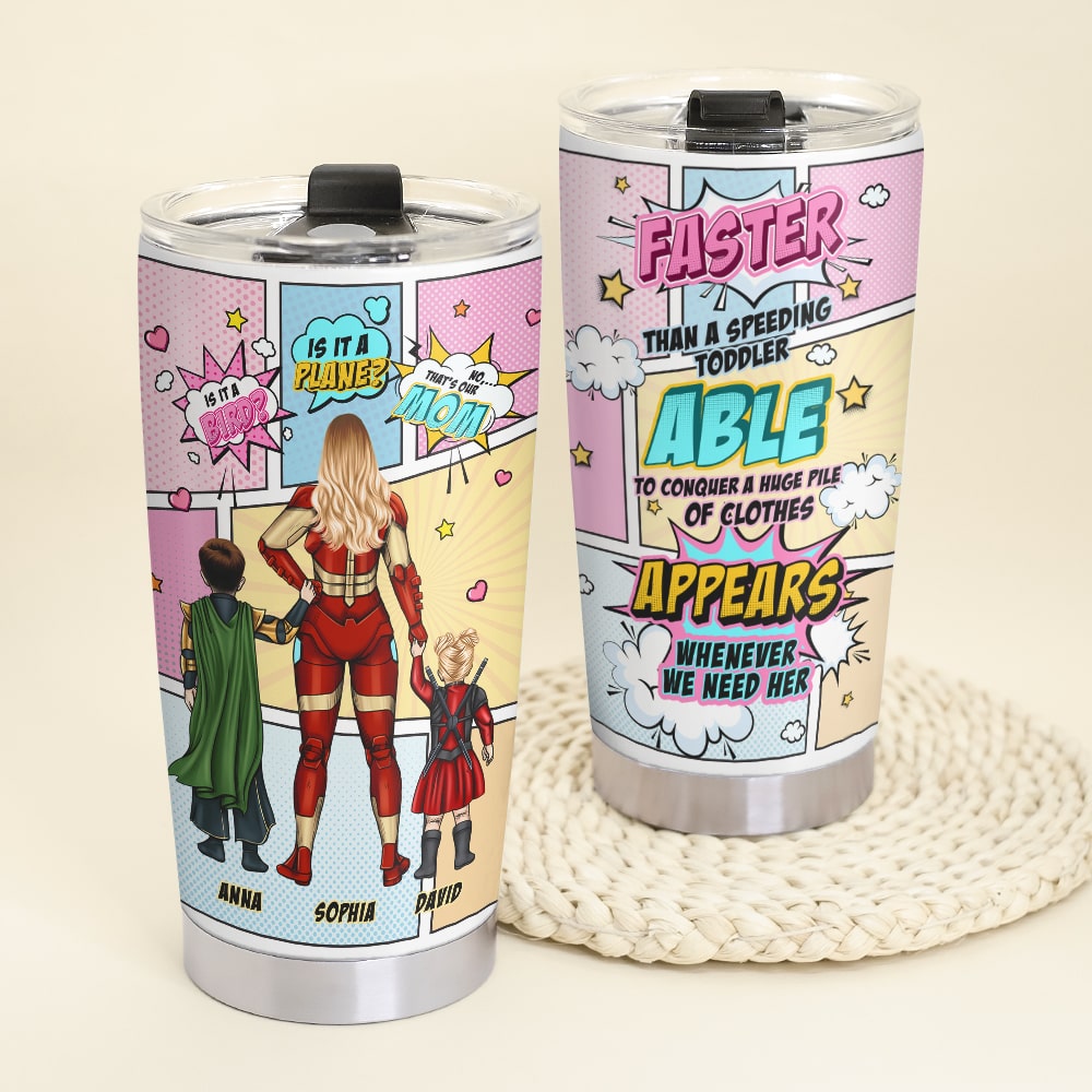 Super Mom Comic Style Personalized Tumbler - Faster Than a Speeding Toddler