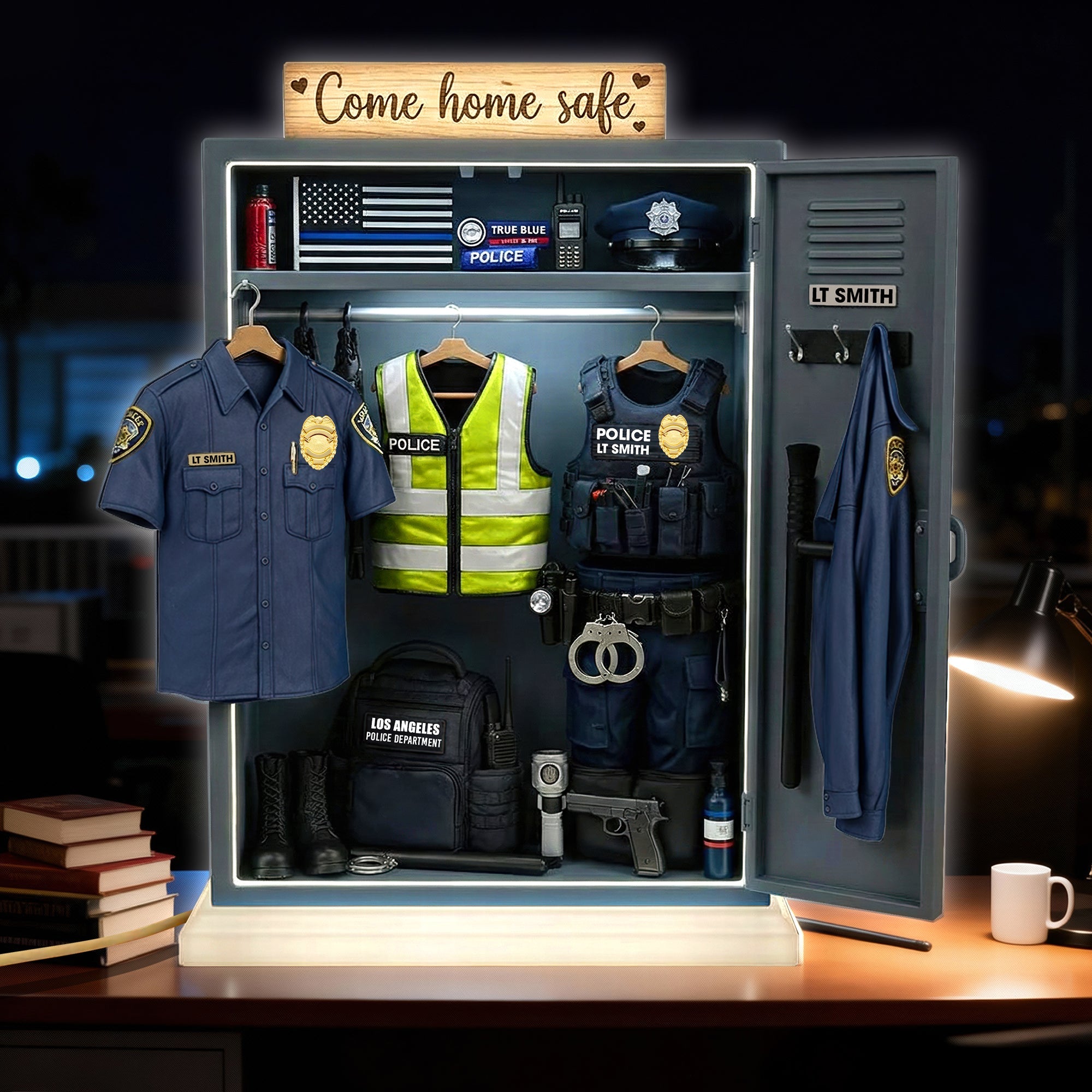 “Come Home Safe” - Police Personal Locker Light Box - Custom Gift for Officers, Sheriffs, Detectives, and First Responders Light Box PopCulturePrints