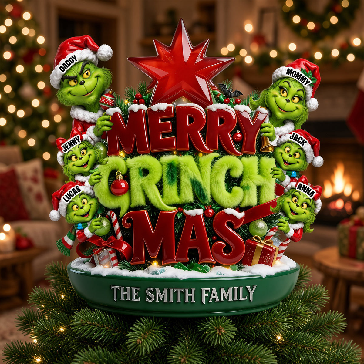 Merry Grinchmas Family Tree Topper - Personalized Christmas Gift for Family