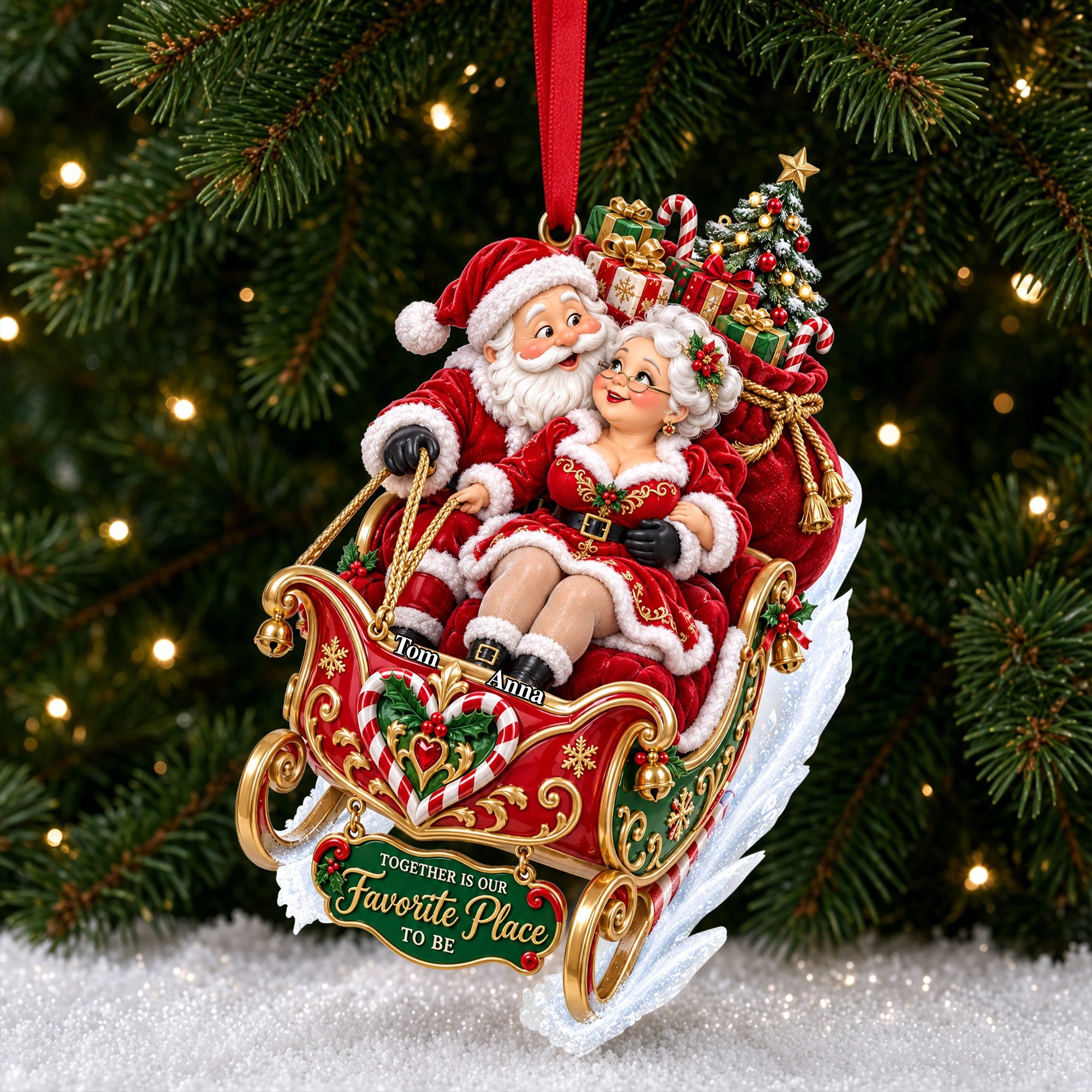 "Together is Our Favorite Place to Be" - Personalized Xmas Santa Couple Riding in A Sleigh Ornament - Perfect Gift for Couples Ornament PopCulturePrints