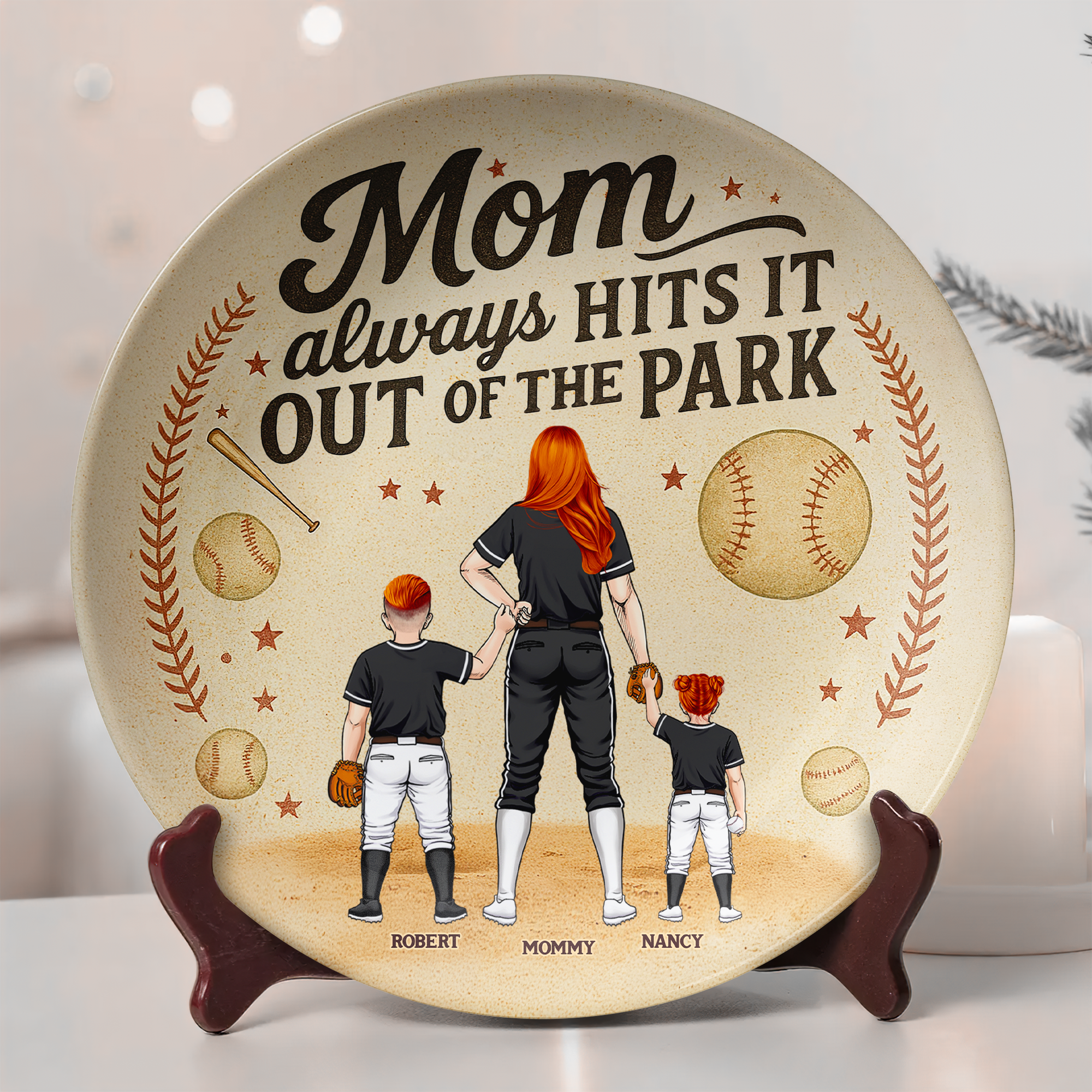 Mom Always Hits It Out Of The Park - Personalized Baseball Mom Ceramic Round Plate Gift Ceramic Round Plate PopCulturePrints