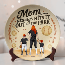 Load image into Gallery viewer, Mom Always Hits It Out Of The Park - Personalized Baseball Mom Ceramic Round Plate Gift Ceramic Round Plate PopCulturePrints
