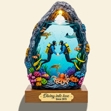 Load image into Gallery viewer, Diving into Love - Personalized Scuba Diving Couple Acrylic Plaque Gift Shaped Plaques PopCulturePrints
