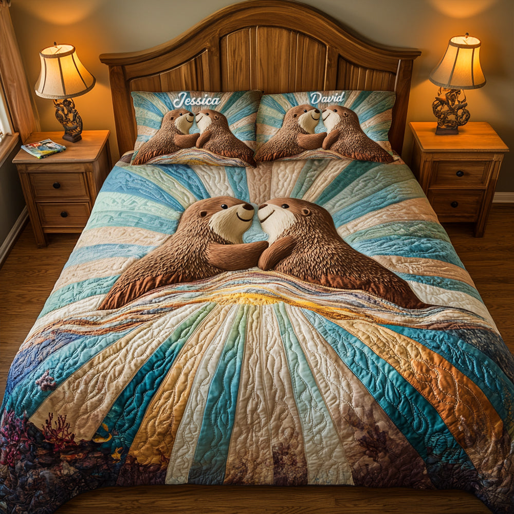 “Two Hearts, One Love” - Otter Couple Quilt Bed Set - Personalized Gift for Couples Blanket PopCulturePrints
