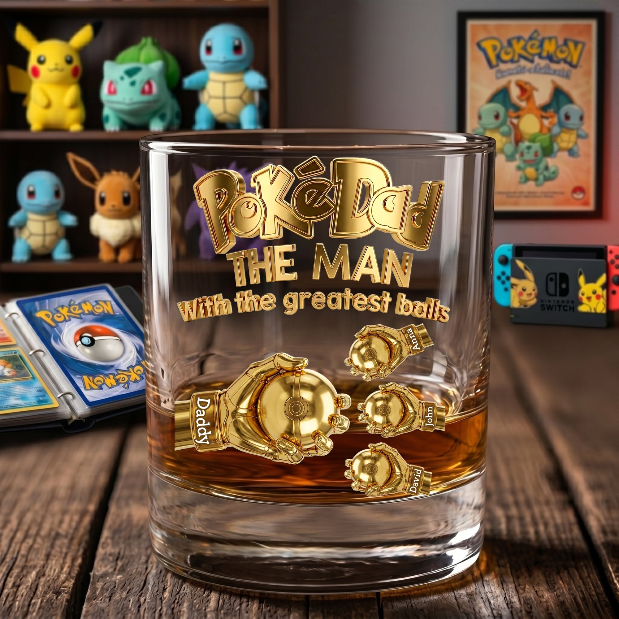 “Be the PokéDad with the Greatest Balls” - Personalized Pocket Monster Dad Fist Bump Glass - Gift for Dads, Grandpas, and Pokemon Fans Glass PopCulturePrints