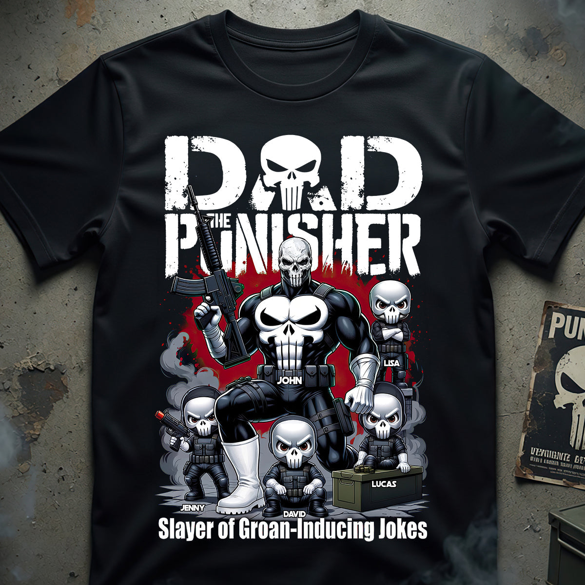 "Dad, The Punisher - Slayer of Groan-Inducing Jokes" - Personalized Dad Clan Shirt - Gift for Fathers, Grandpas, and All Dads Shirts PopCulturePrints