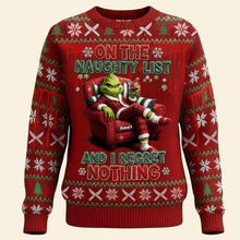 Load image into Gallery viewer, &quot;On the Naughty List and I Regret Nothing&quot; - Chilling Horror Guy Ugly Sweater - Personalized Christmas Gift for Horror Fans AOP Products PopCulturePrints
