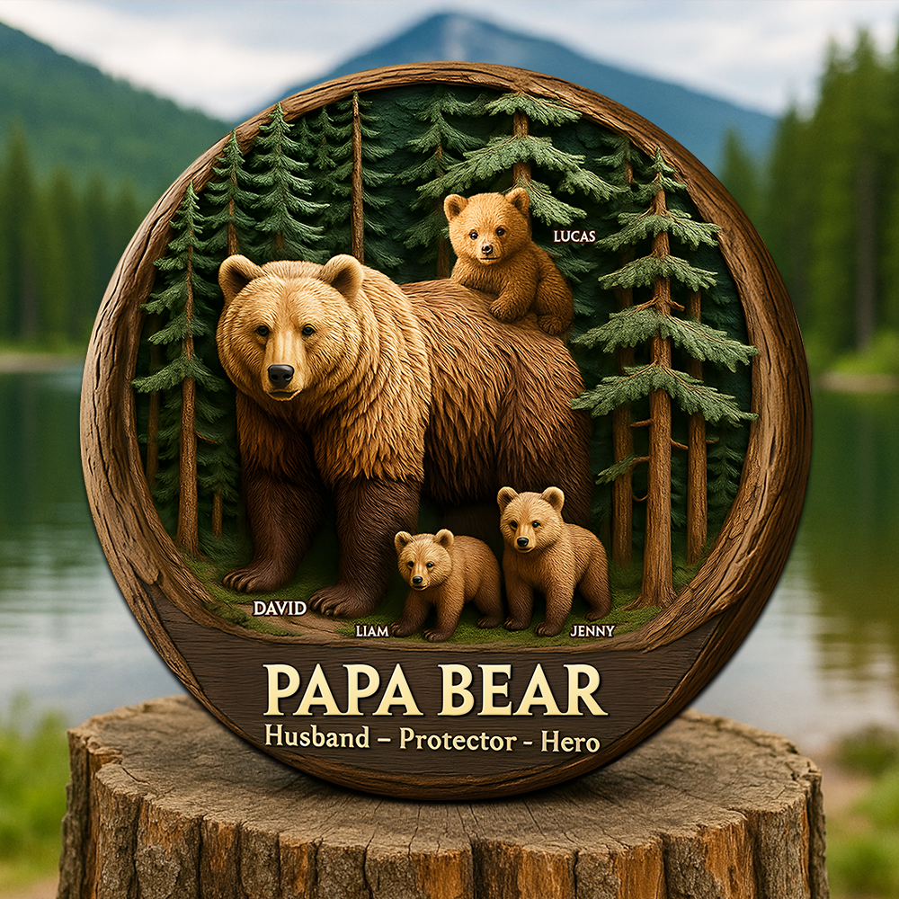 “Papa Bear: Husband, Protector, Hero” - Personalized Wall Plaque, Gift for Dad, Grandpa, and Father Shaped Plaques PopCulturePrints