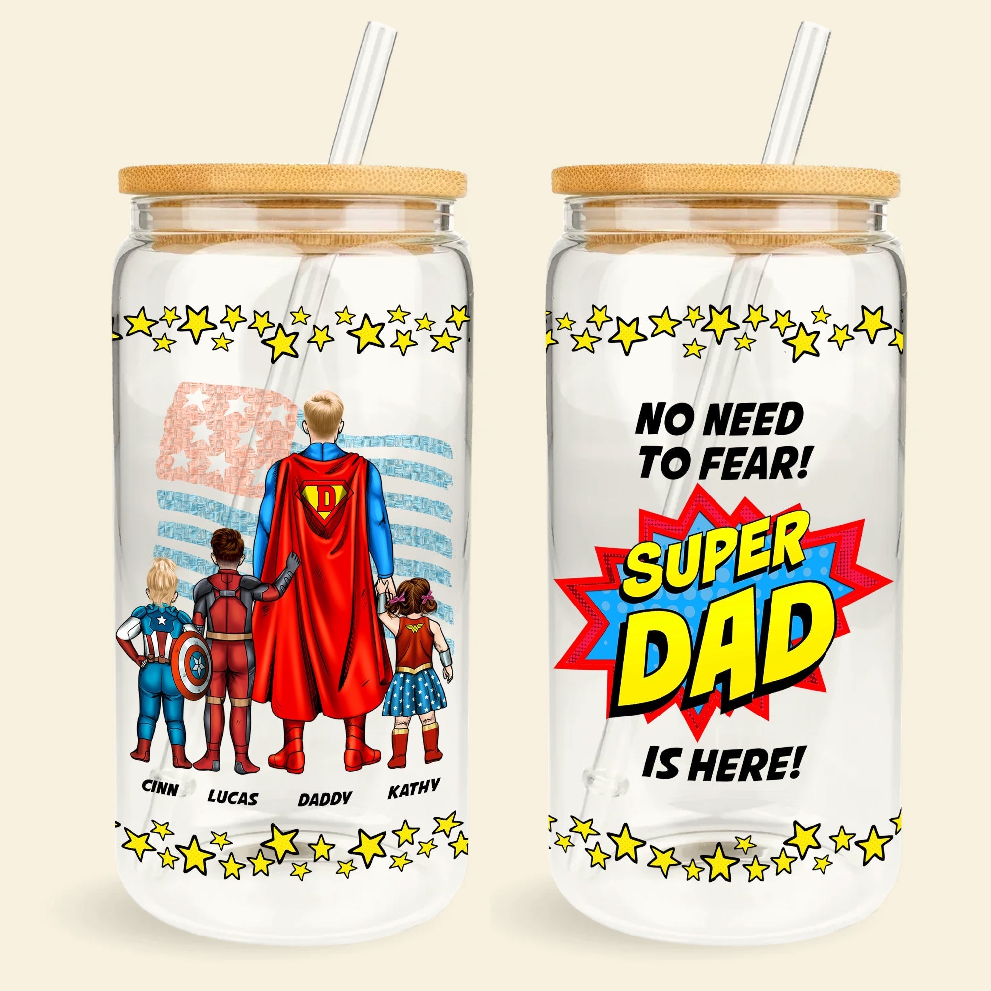 Super Dad Personalized Glass Can for Father's Day Glass Can PopCulturePrints