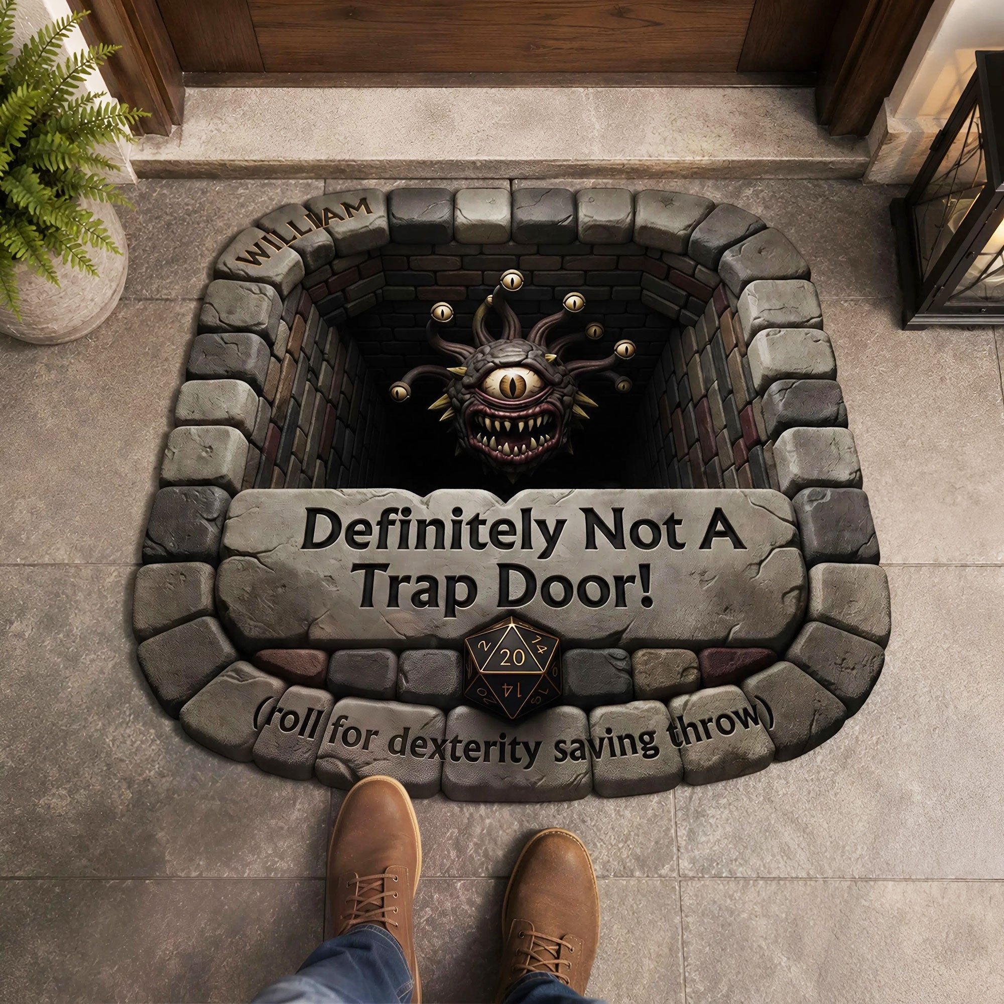 “Definitely Not A Trap Door!” – Mythic Realm Shaped Doormat - Personalized Gift for Gamers