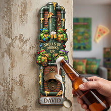 Load image into Gallery viewer, "Shells Up, Drinks Up" - Personalized One More Slice Wall Hanging Bottle Opener Bottle Opener PopCulturePrints
