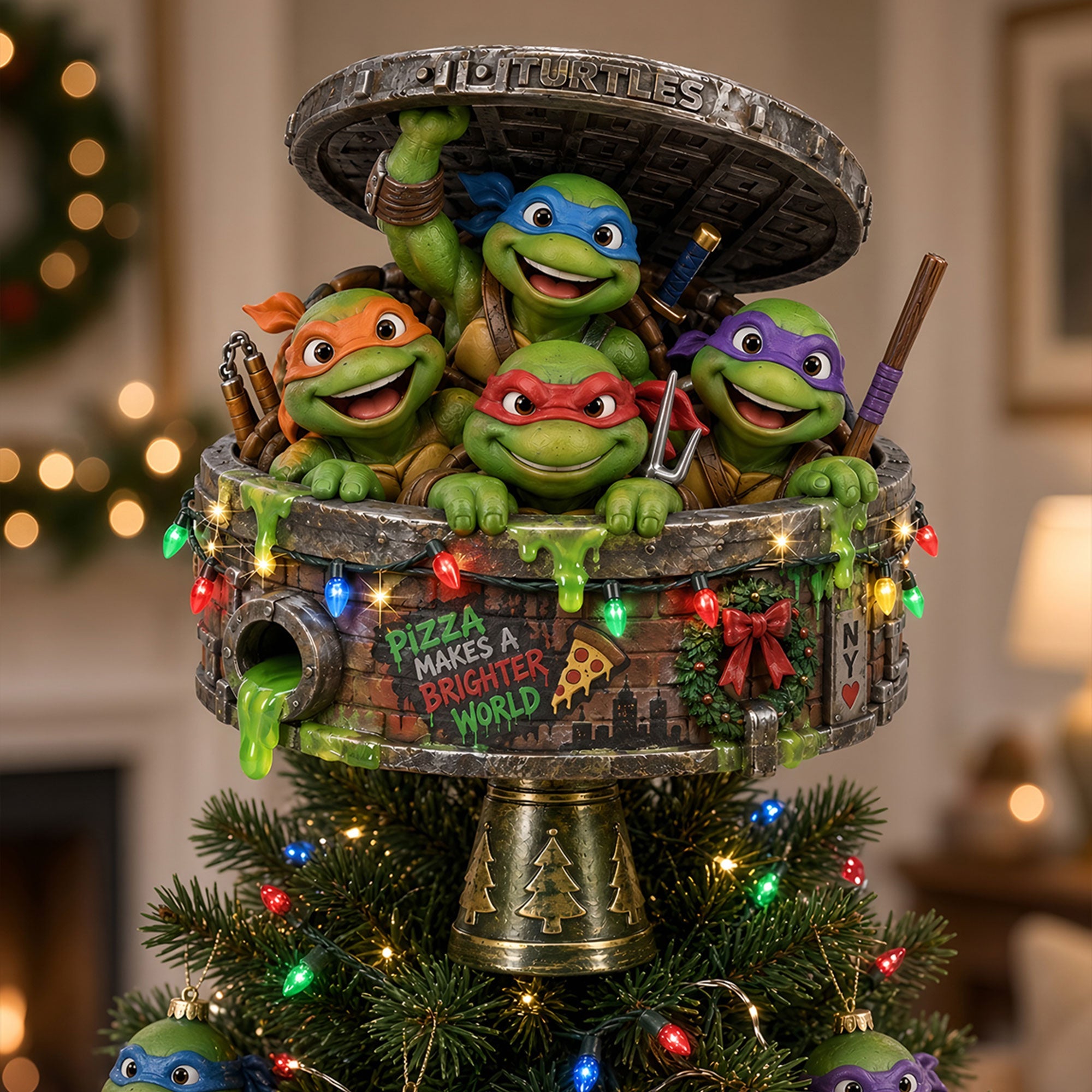 “Pizza Makes a Brighter World” - Family Turtle Holiday Tree Topper - Personalized Christmas Gifts