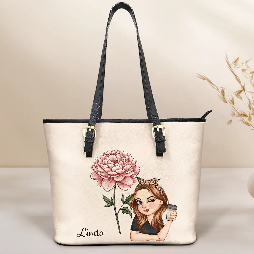 Blooming Beauty: Personalized Birth Month Flower Leather Tote Bag Leather Tote Bag PopCulturePrints