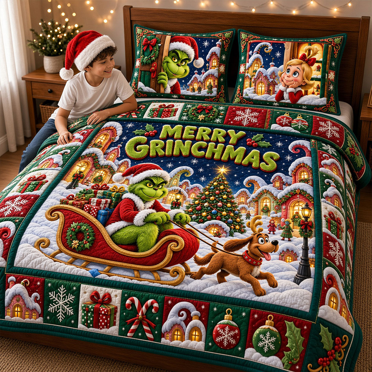 "Bring Joy and Festivity with the Grinch - Personalized Quilt Bedding Set for Christmas Gifts"