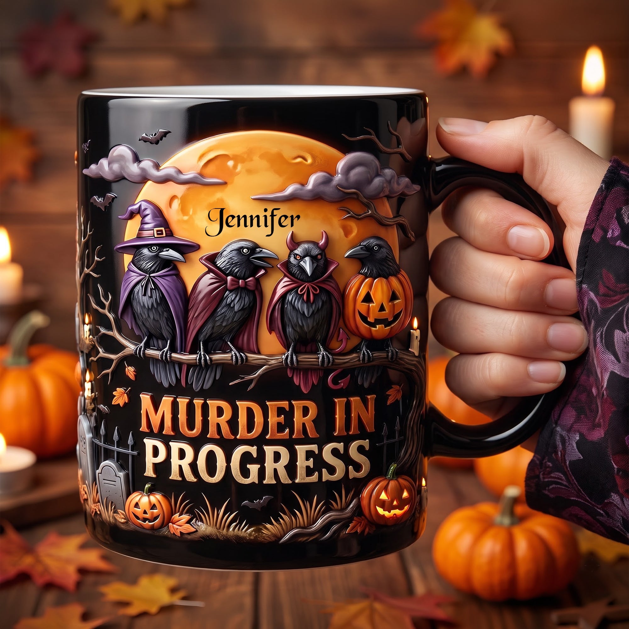 Murder in Progress Raven Halloween Magic Mug - Personalized Gift for Halloween Lovers