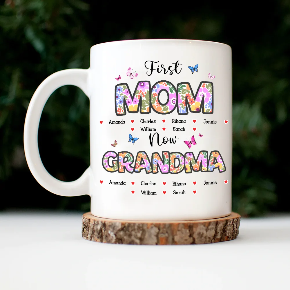 First Mom Now Grandma - Custom Personalized Mug with Butterfly Flower Design Mug PopCulturePrints