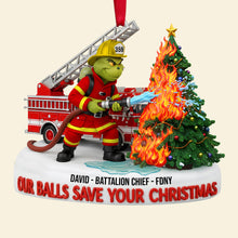 Load image into Gallery viewer, Merry Grinchmas: Personalized Firefighter Acrylic Ornament - A Unique Gift for Firefighters, Grinch Fans, and Christmas Lovers Ornament PopCulturePrints
