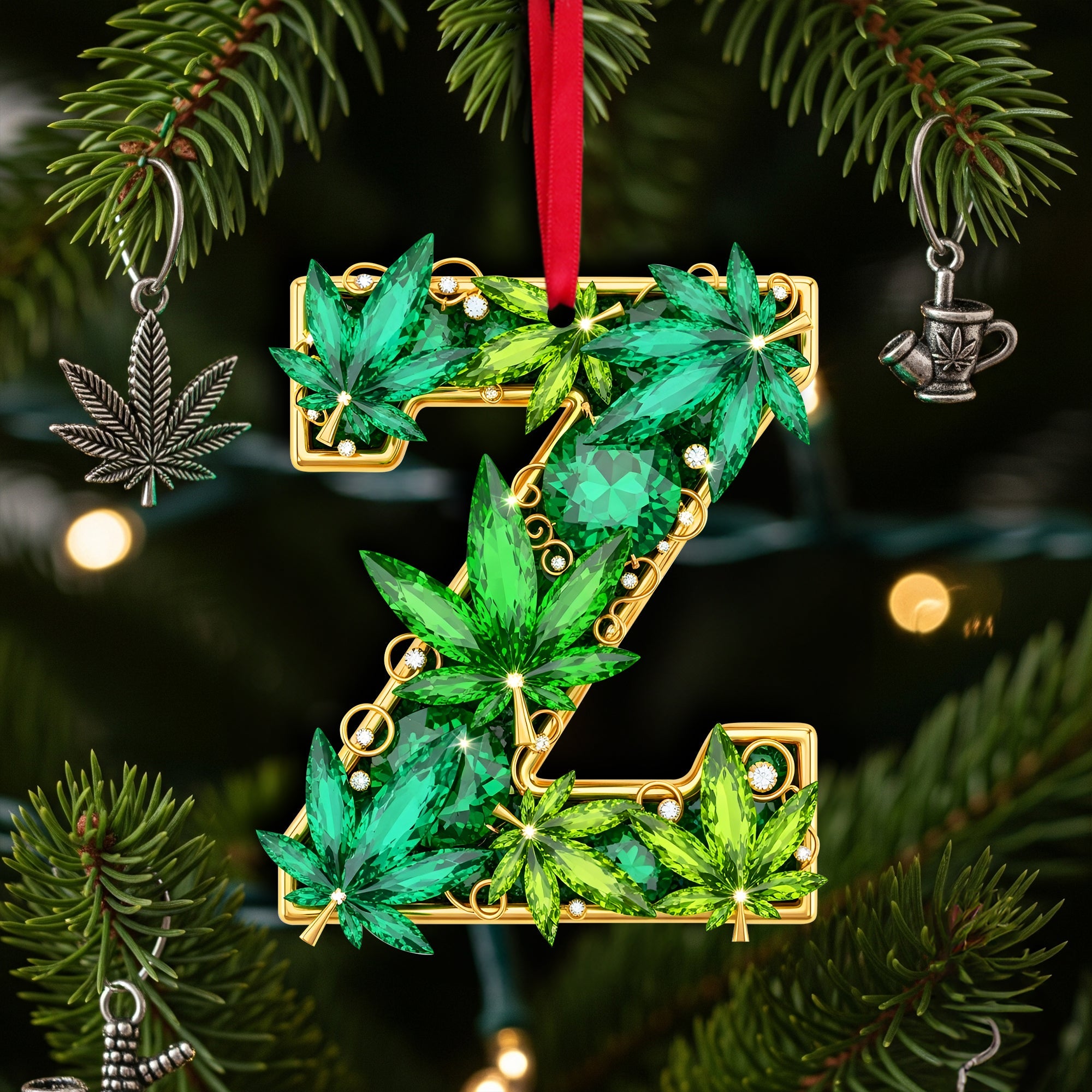 "Spark Joy This Christmas with a Unique Touch" - Crystal Leaf Initial Ornament, Personalized Gift for Stoners Ornament PopCulturePrints